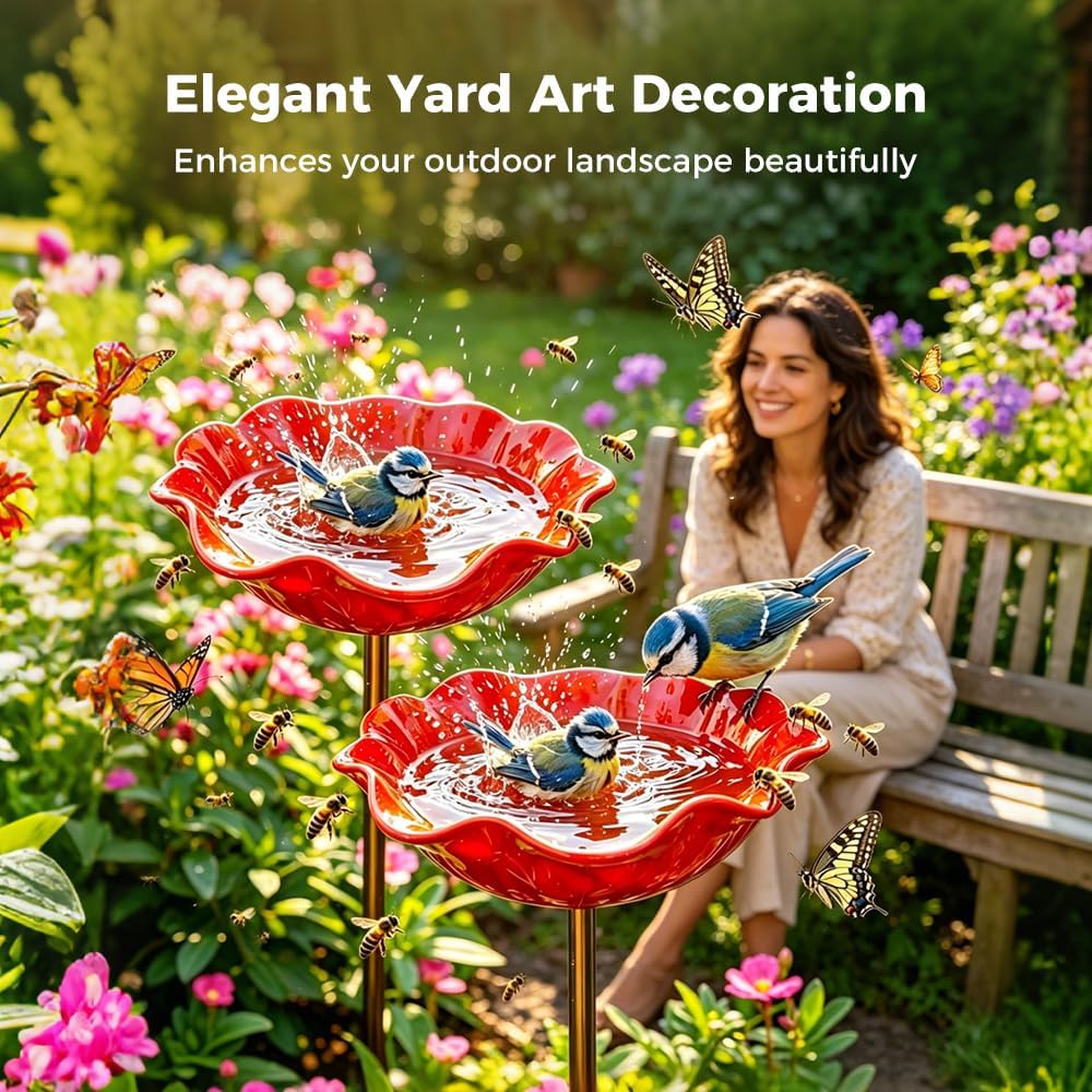 Flower-shaped mini bird bath in a garden