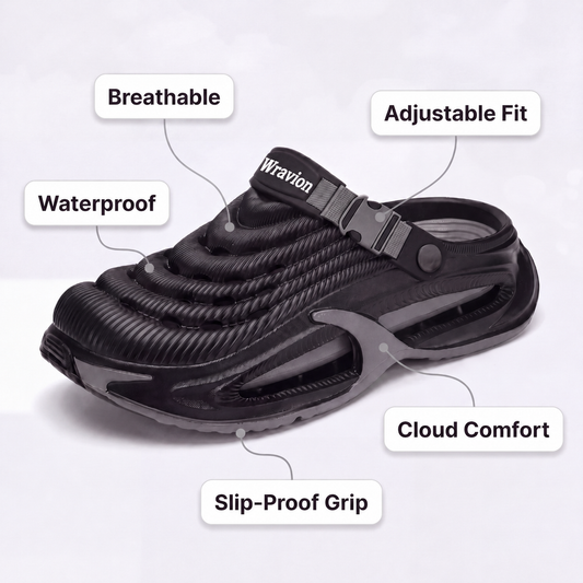 Wravion white and black breathable clogs with adjustable strap, waterproof design, cloud comfort sole, and slip-proof grip for everyday casual wear.